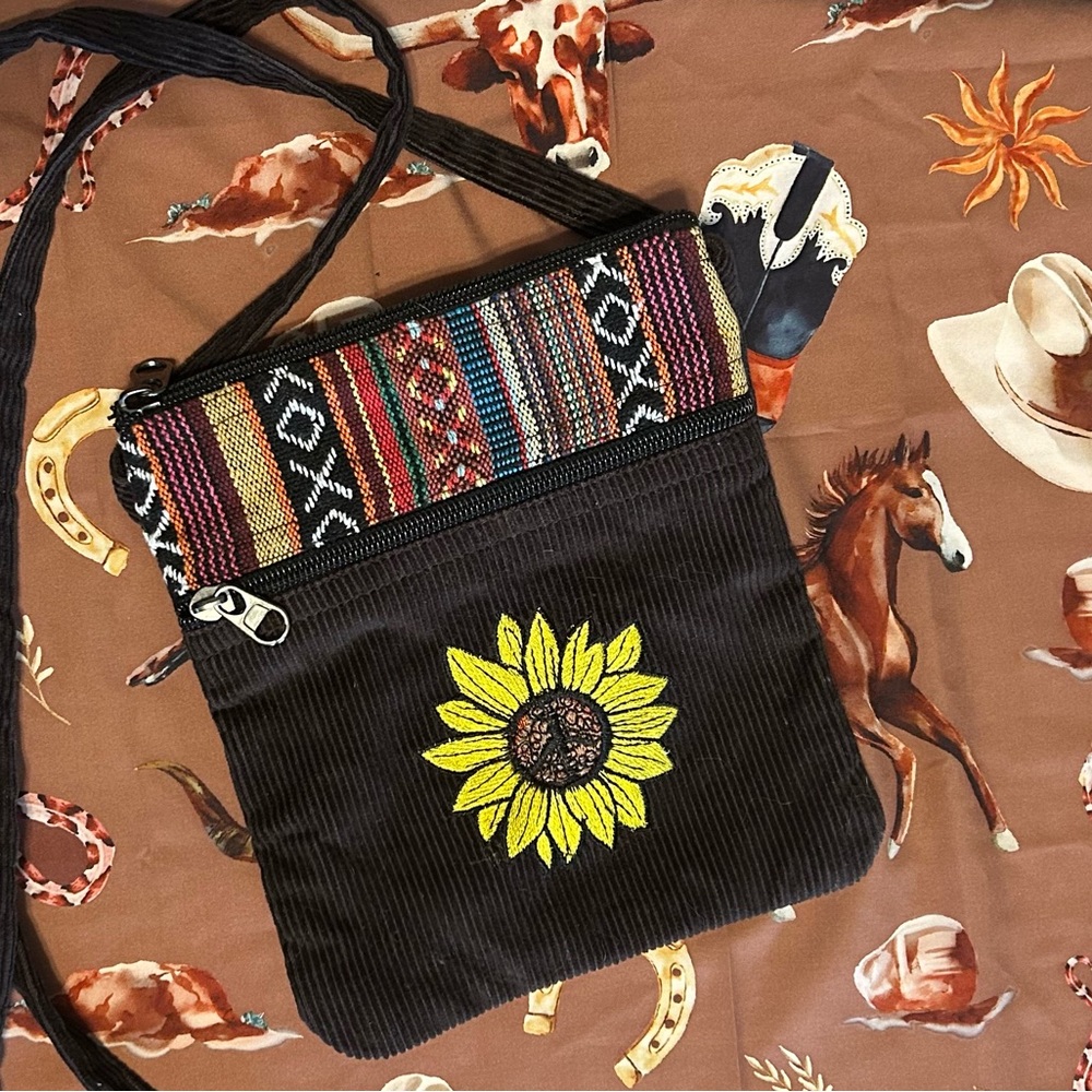 Sunflower Aztec Print Peace Sign Corduroy Boho Bag